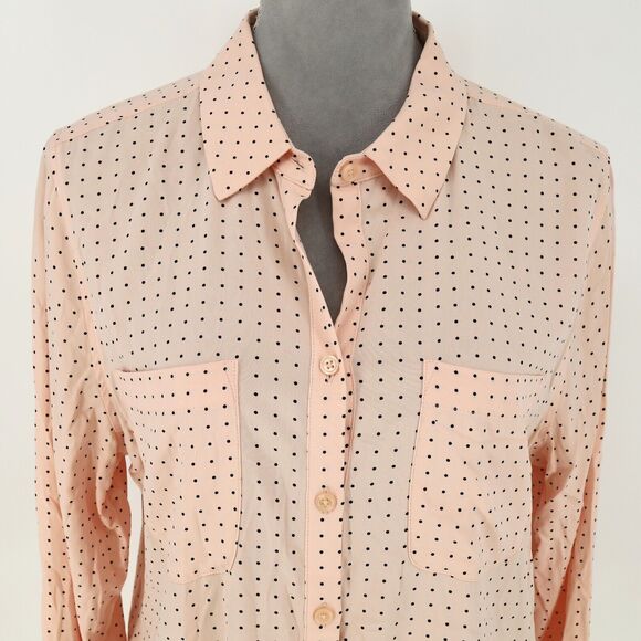 Chicos Top 1 Womens Medium 8 Pink Peach Black Polka Dot Blouse Pocket Career - Picture 12 of 13